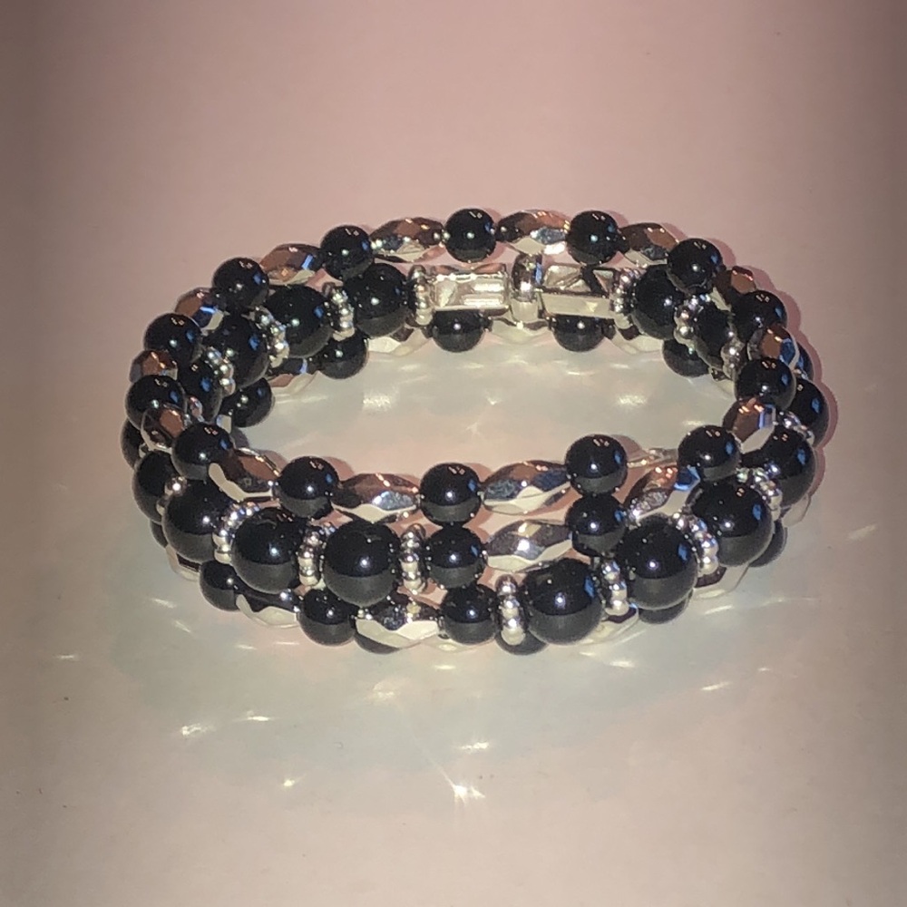 Black and Silver Tone Beaded Boho Wrap Bracelet